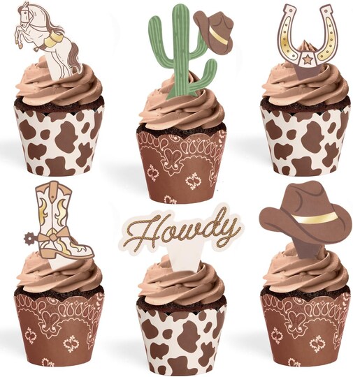 Greentek; 24PCS Western Cupcake Liners & Toppers – Rodeo Birthday, Hoedown & Kids Party Decor; Category:Cake & Cupcake Toppers; Image:1